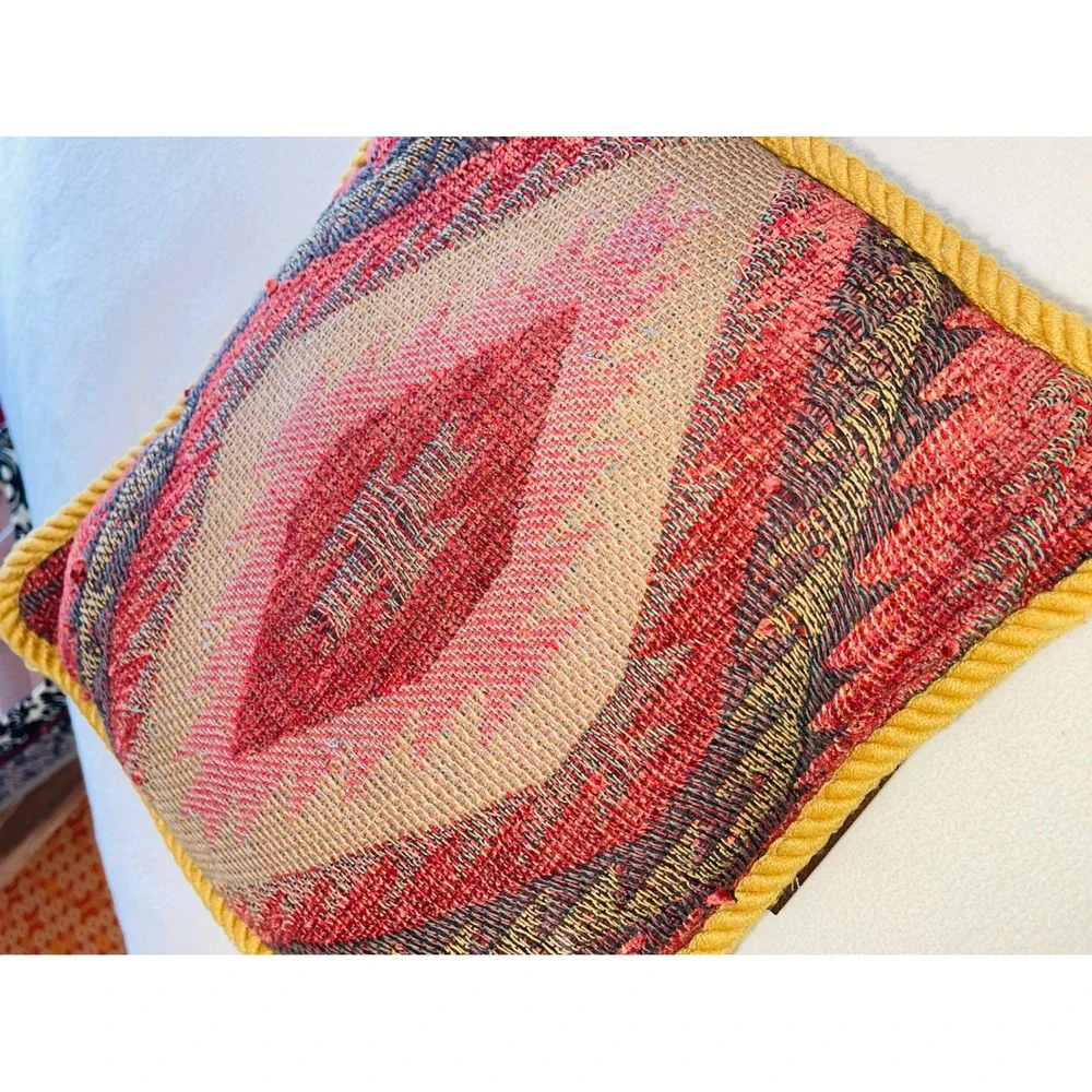 Raymond Waites Vtg Tapestry Pillow Kilim Southwestern Cushion Yellow Rope Trim